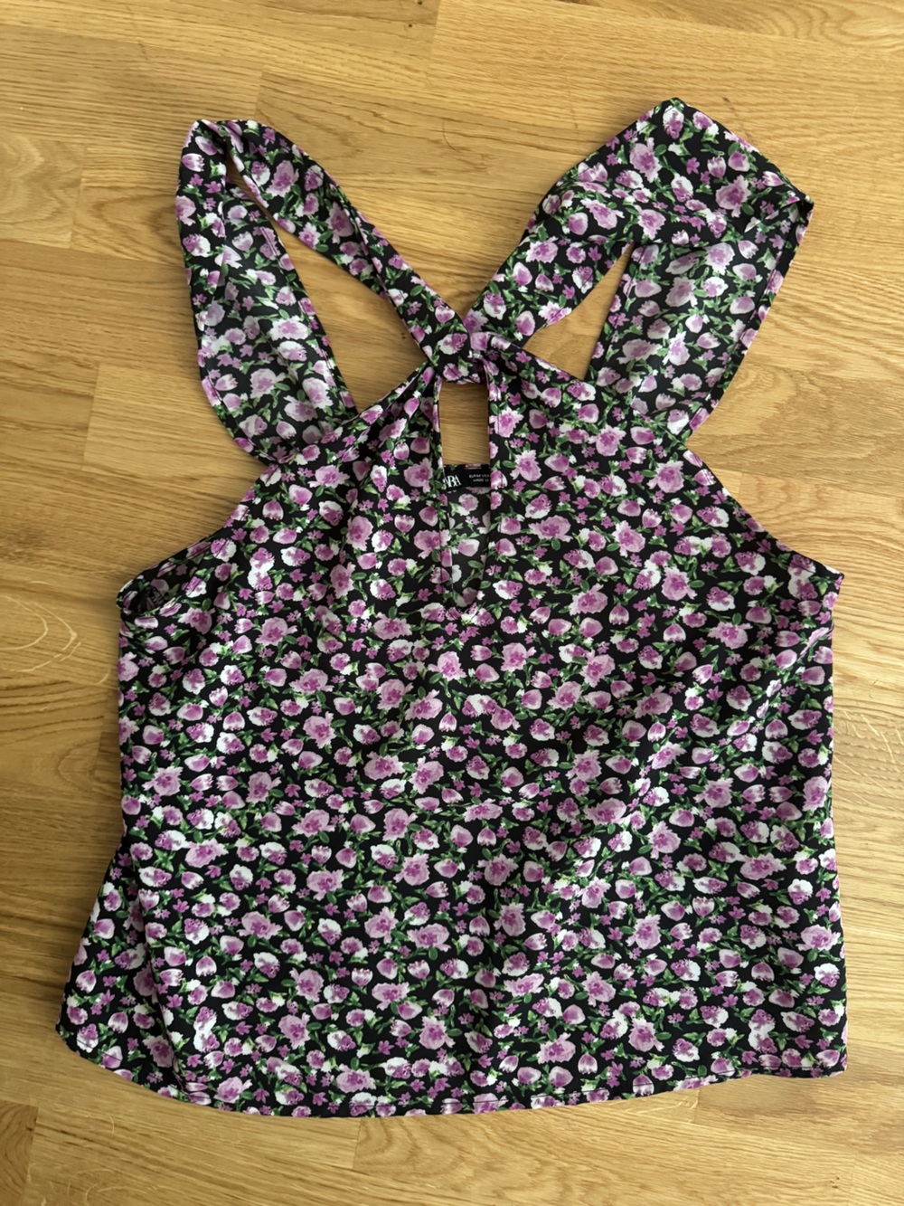 Zara Floral Cross-Back Halter Top - Black with Pink Flowers